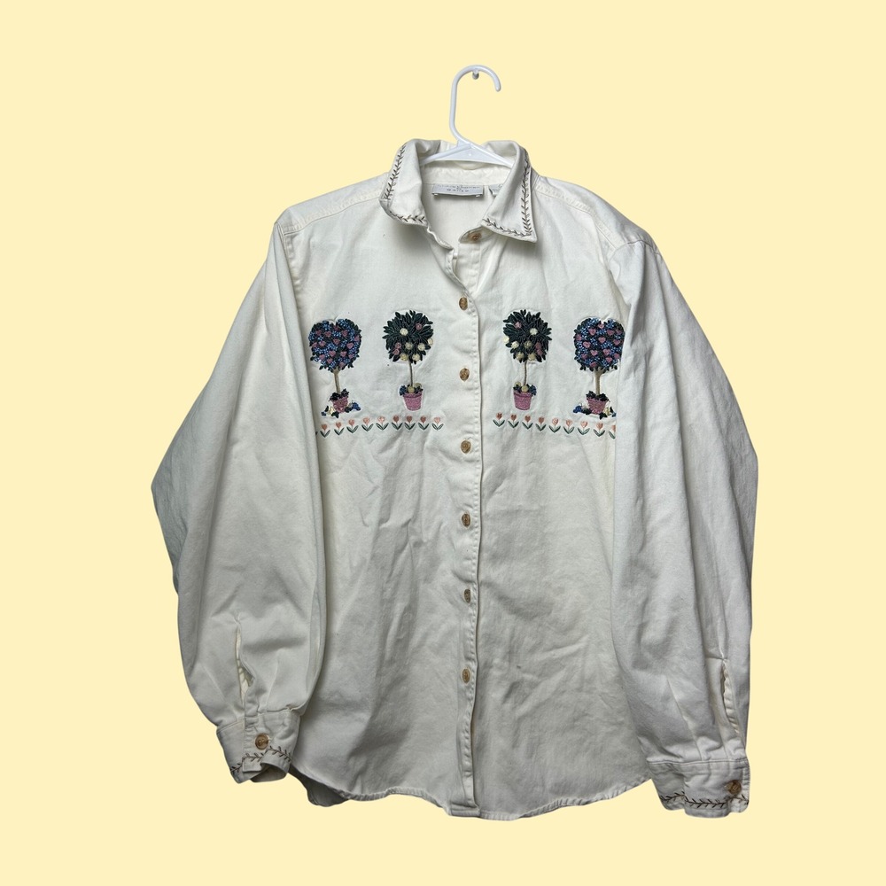 VTG White Embroidered Cotton Button Down Shirt Large Cottagecore Costal Retro